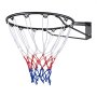 Aro de baloncesto VEVOR con red blanca, roja y azul unida al marco negro montado en la pared.