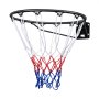 Aro de baloncesto VEVOR con borde negro resistente y red roja, blanca y azul para jugar al aire libre.