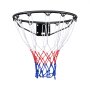 Aro de baloncesto VEVOR con red roja, blanca y azul unida a un aro de metal negro.