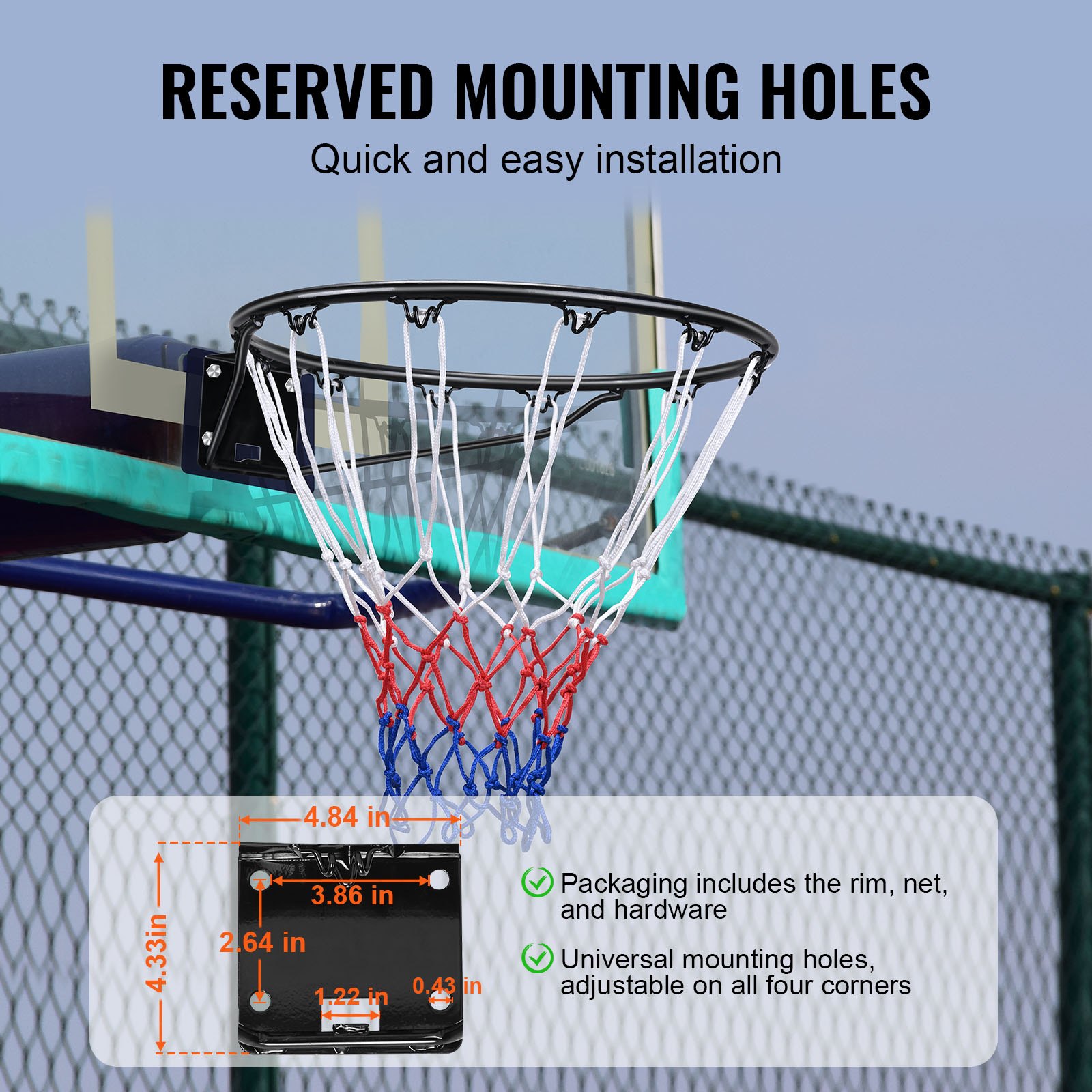 Aro de baloncesto VEVOR con red roja, blanca y azul, con fácil instalación y orificios de montaje universales.