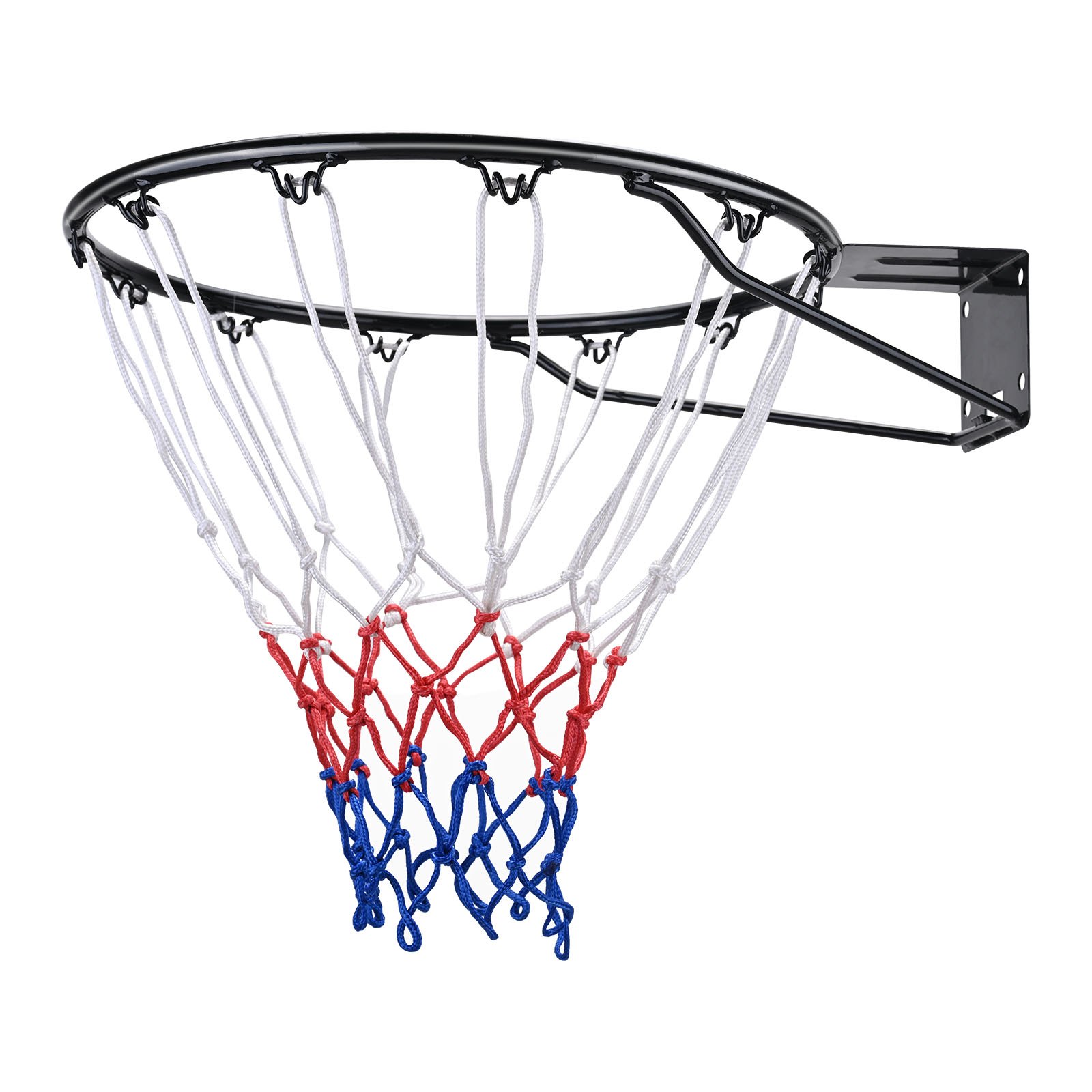 Aro de baloncesto VEVOR con red blanca, roja y azul unida al marco negro montado en la pared.