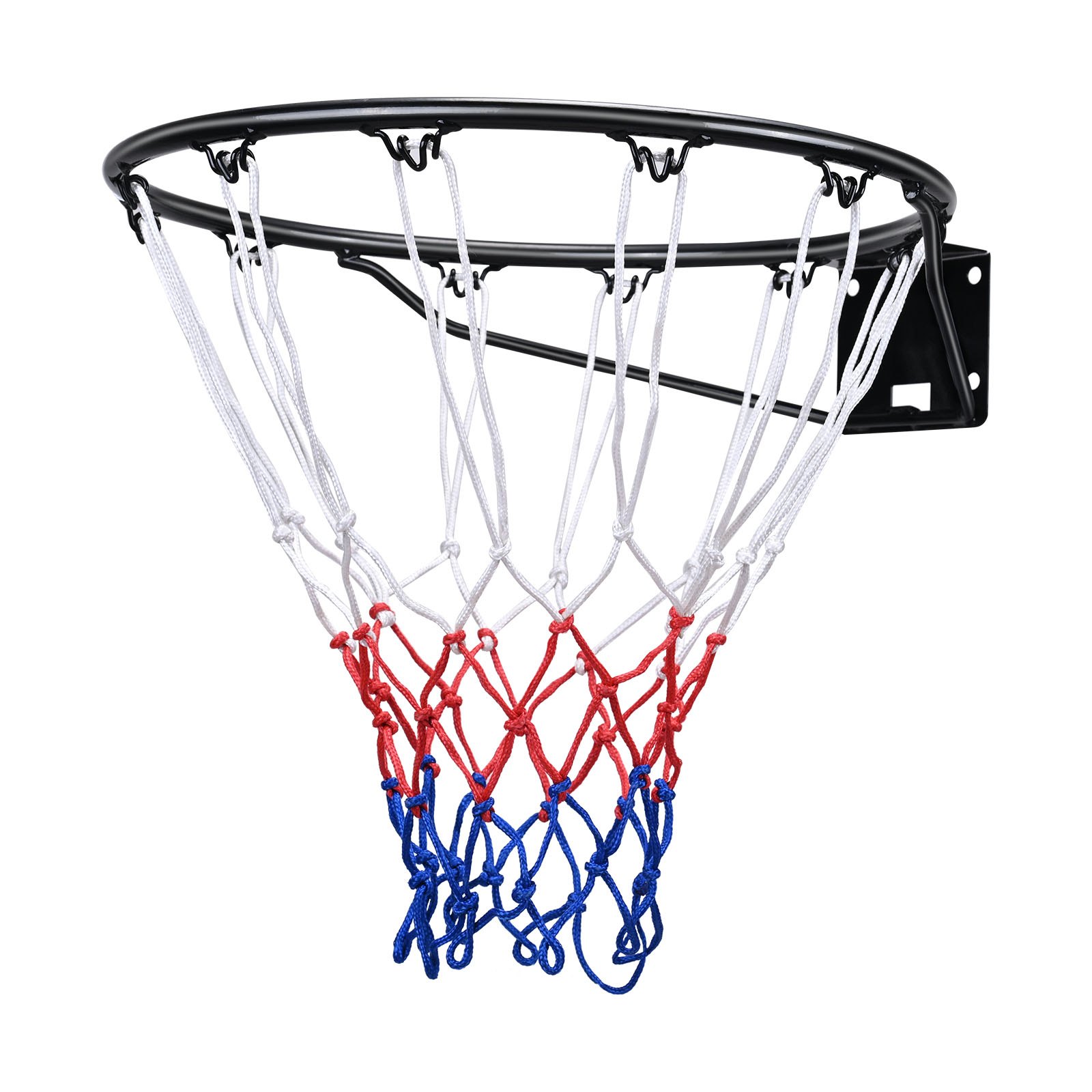 Aro de baloncesto VEVOR con borde negro resistente y red roja, blanca y azul para jugar al aire libre.
