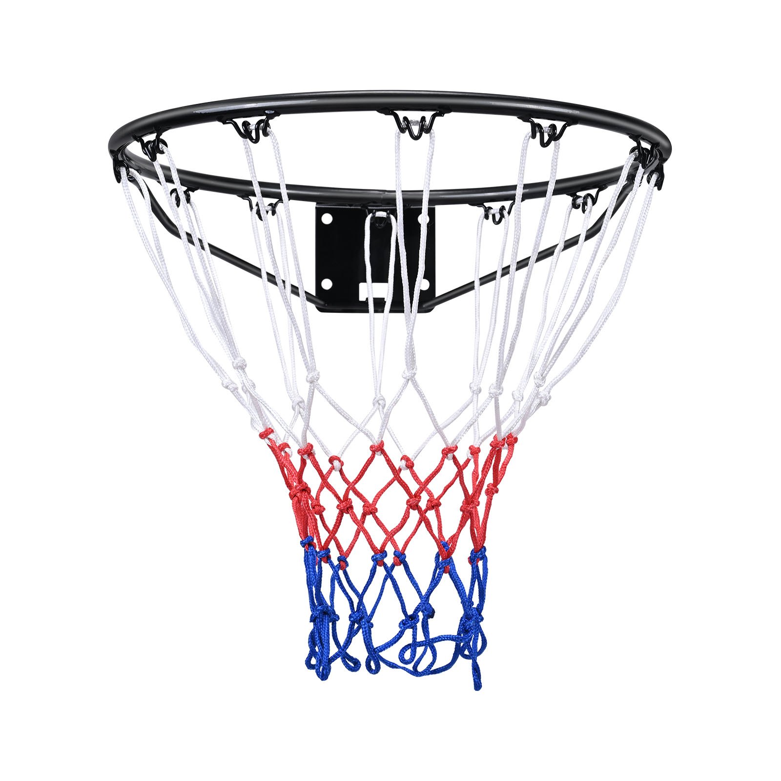 Aro de baloncesto VEVOR con red roja, blanca y azul unida a un aro de metal negro.