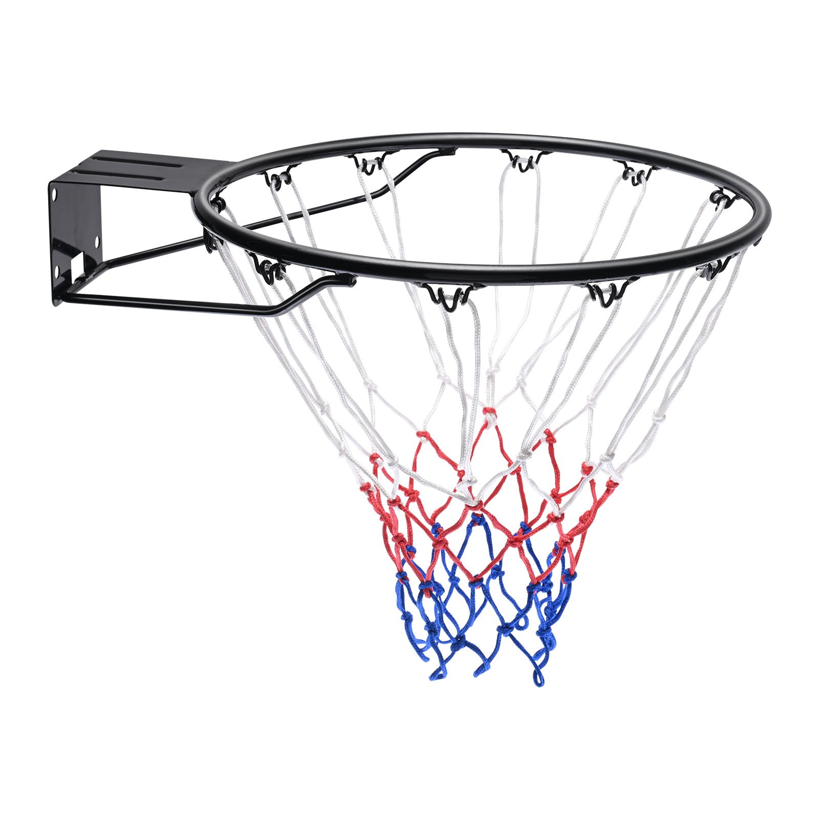 Aro de baloncesto VEVOR con red roja, blanca y azul, montado en un soporte de metal negro.