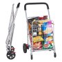 Carrito de compras plegable VEVOR lleno de bocadillos, que muestra vistas frontal y lateral.
