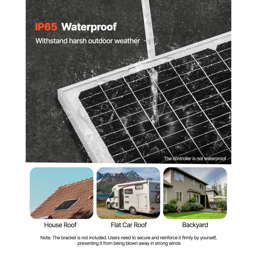 VEVOR Cargador Batería Solar 50 W, Células Monocristalinas, Controlador MPPT Externo, IP65 Resistente al Agua, para Coches, Barcos, Autocaravanas, Remolques y Techos Planos, Soporte No Incluido