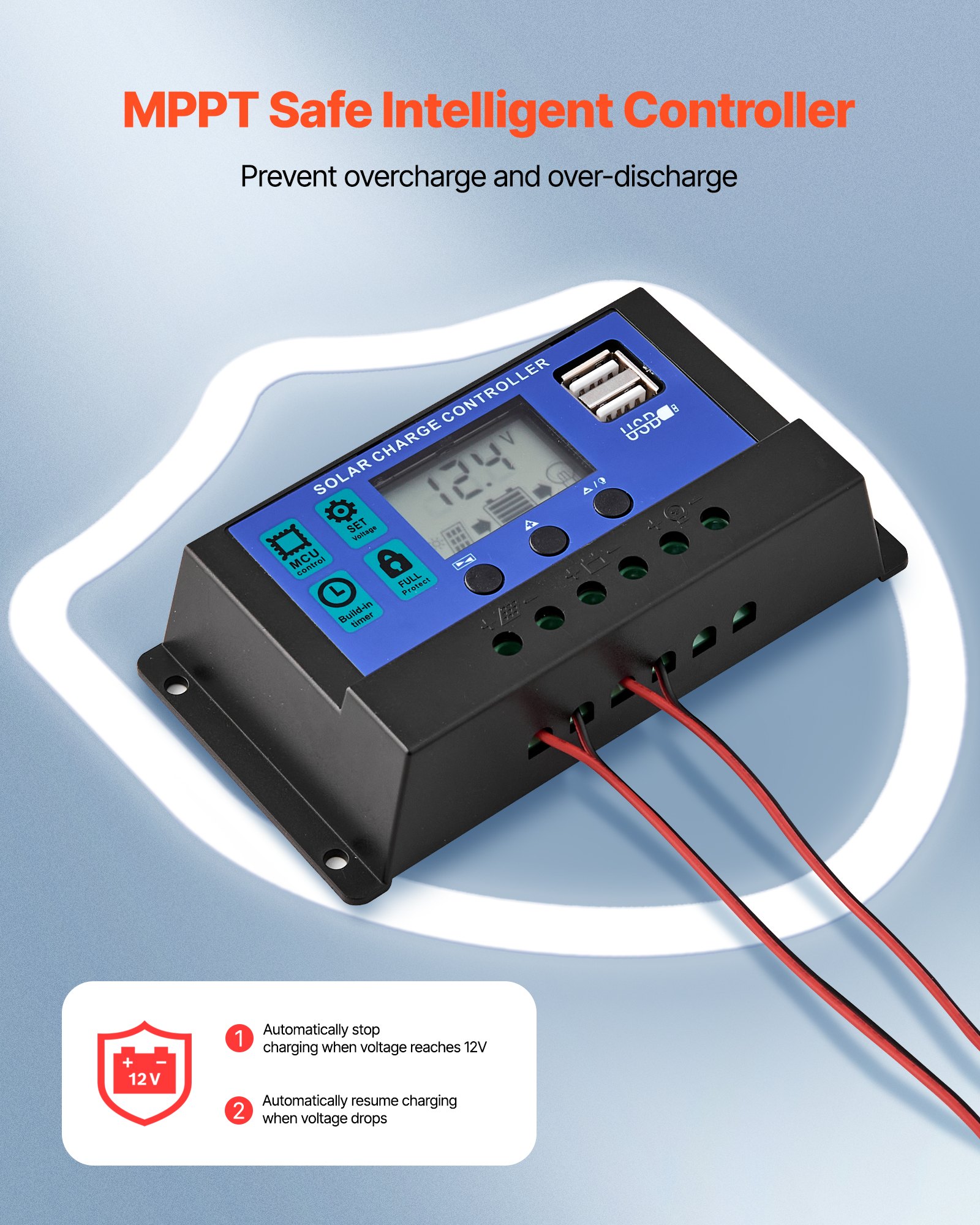 VEVOR Cargador Batería Solar 50 W, Células Monocristalinas, Controlador MPPT Externo, IP65 Resistente al Agua, para Coches, Barcos, Autocaravanas, Remolques y Techos Planos, Soporte No Incluido