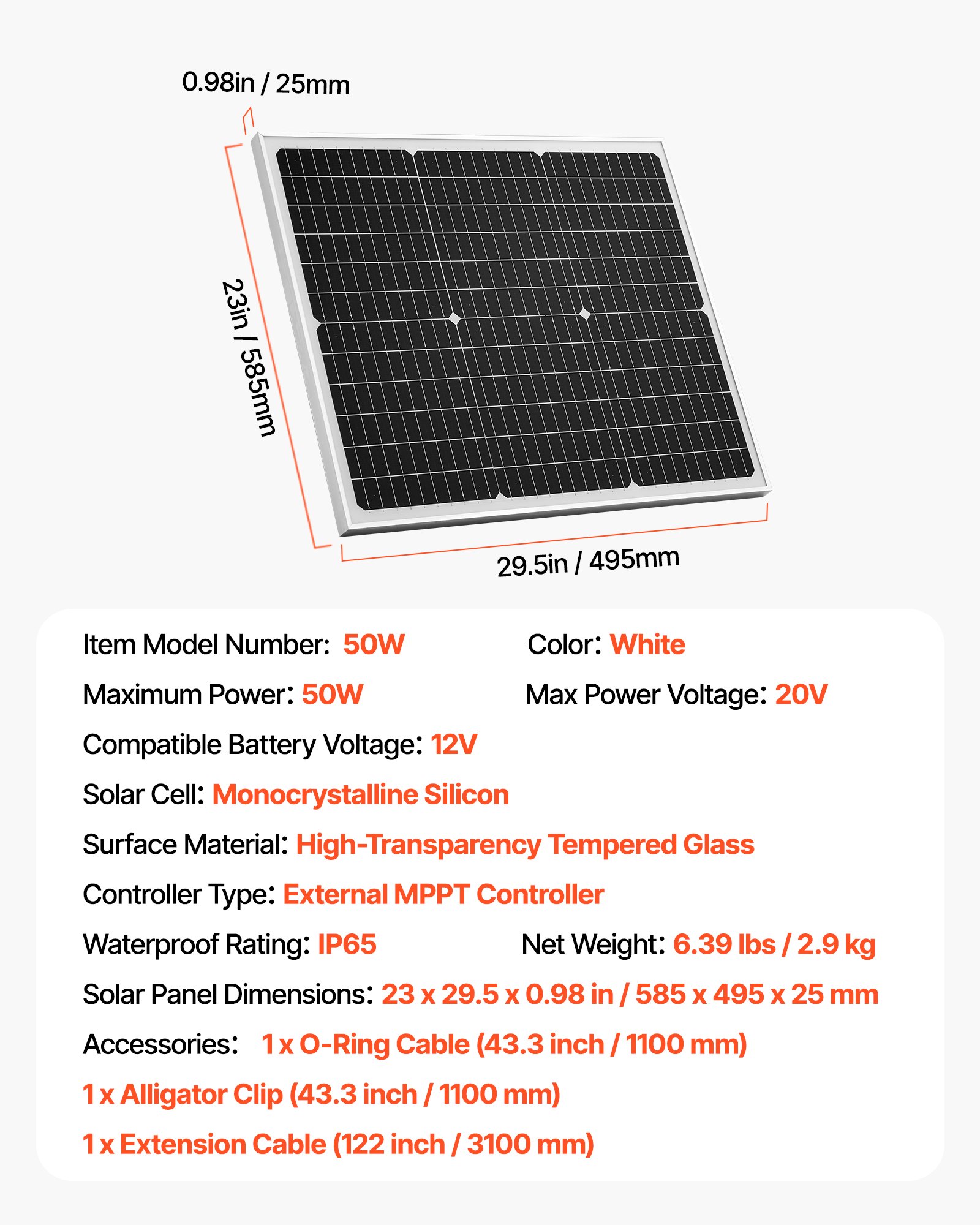 VEVOR Cargador Batería Solar 50 W, Células Monocristalinas, Controlador MPPT Externo, IP65 Resistente al Agua, para Coches, Barcos, Autocaravanas, Remolques y Techos Planos, Soporte No Incluido