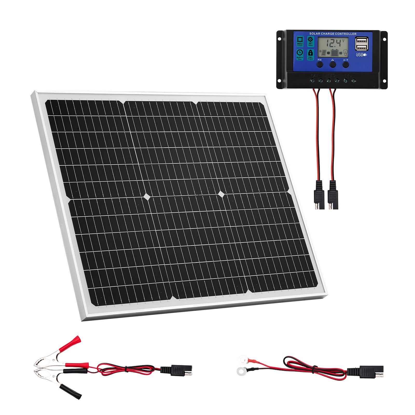 VEVOR Cargador Batería Solar 50 W, Células Monocristalinas, Controlador MPPT Externo, IP65 Resistente al Agua, para Coches, Barcos, Autocaravanas, Remolques y Techos Planos, Soporte No Incluido
