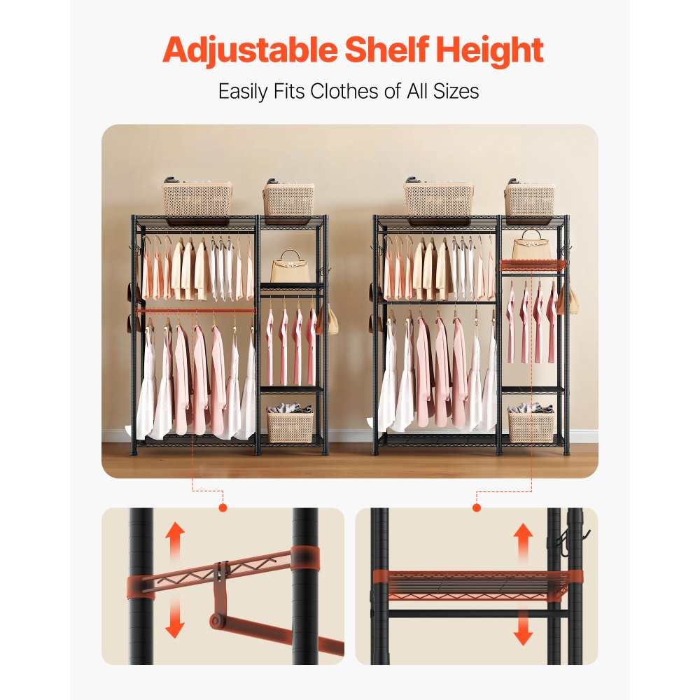 VEVOR Clothing Garment Rack, Heavy Duty Clothes Rack, 6 Adjustable Tiers Clothes Racks with Steel Frame, 363 kg Load Capacity Closet Wardrobe with 3 Hanging Rods for Bedroom, Clothing Store, Hallway