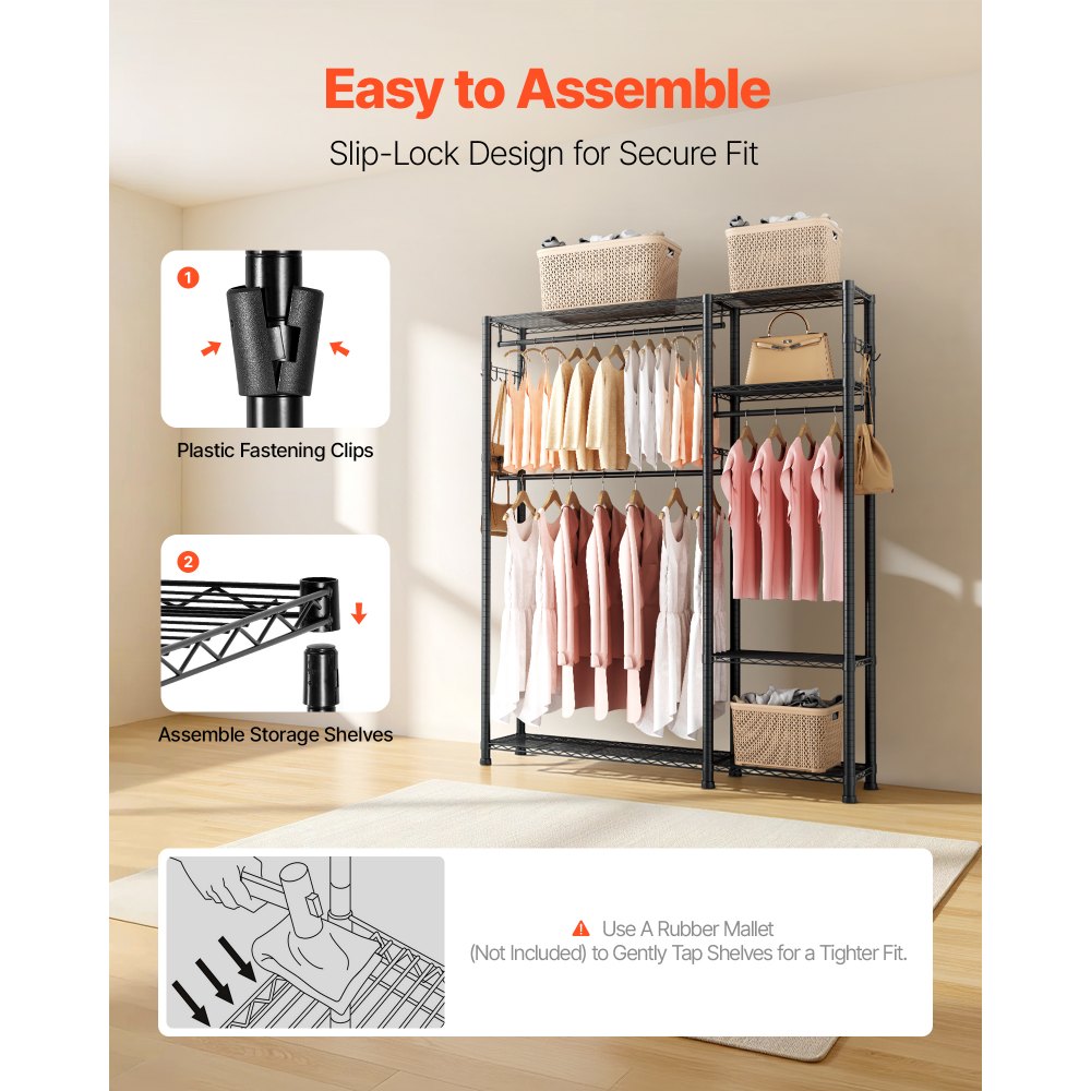 VEVOR Clothing Garment Rack, Heavy Duty Clothes Rack, 6 Adjustable Tiers Clothes Racks with Steel Frame, 363 kg Load Capacity Closet Wardrobe with 3 Hanging Rods for Bedroom, Clothing Store, Hallway