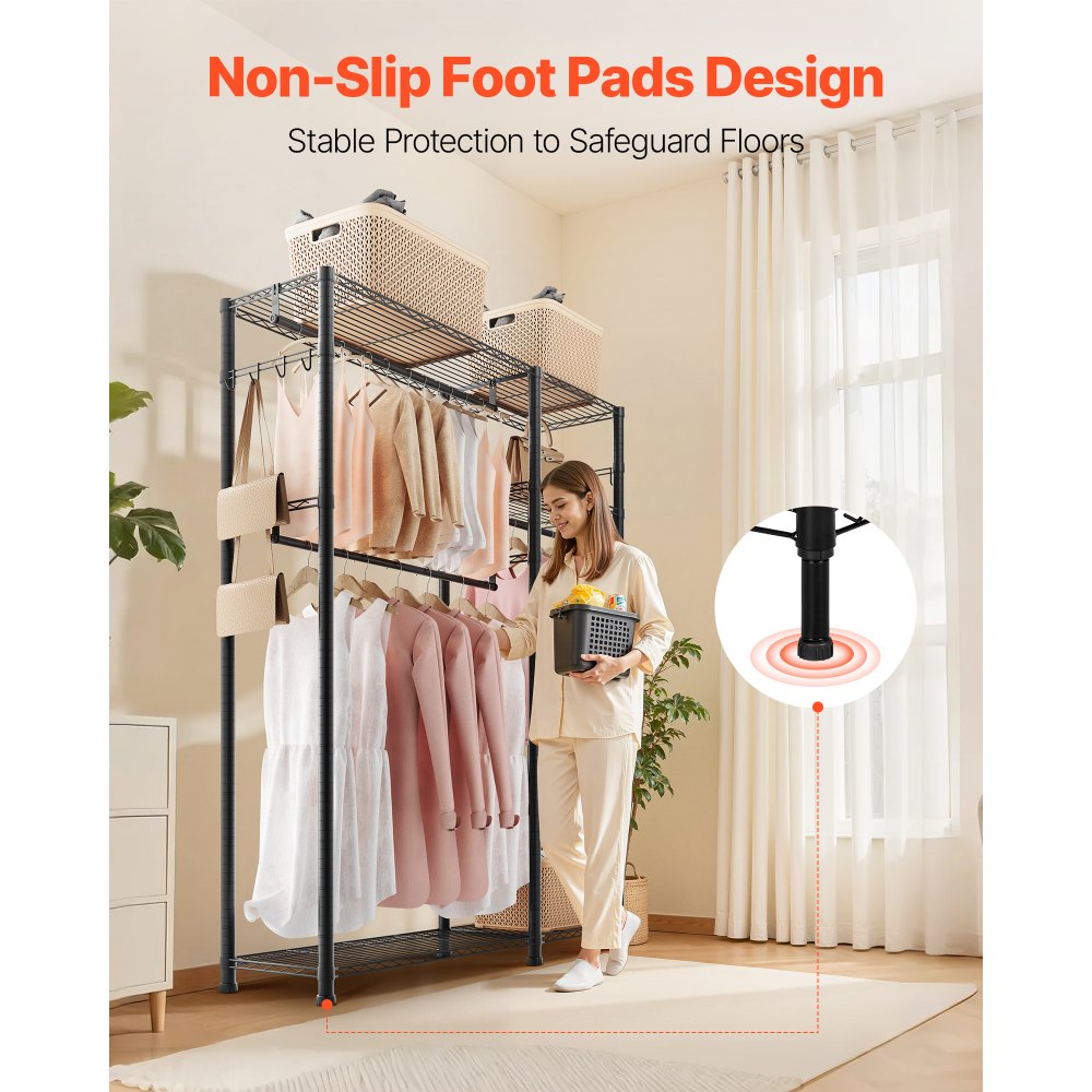 VEVOR Perchero Ajustable, con 3 Barras y Capacidad de Carga de 363 kg, Acero al Carbono, 6 Estantes y 8 Ganchos, para Dormitorio, Tienda de Ropa, Guardarropa y Pasillo, Negro, 114 x 42 x 194 cm