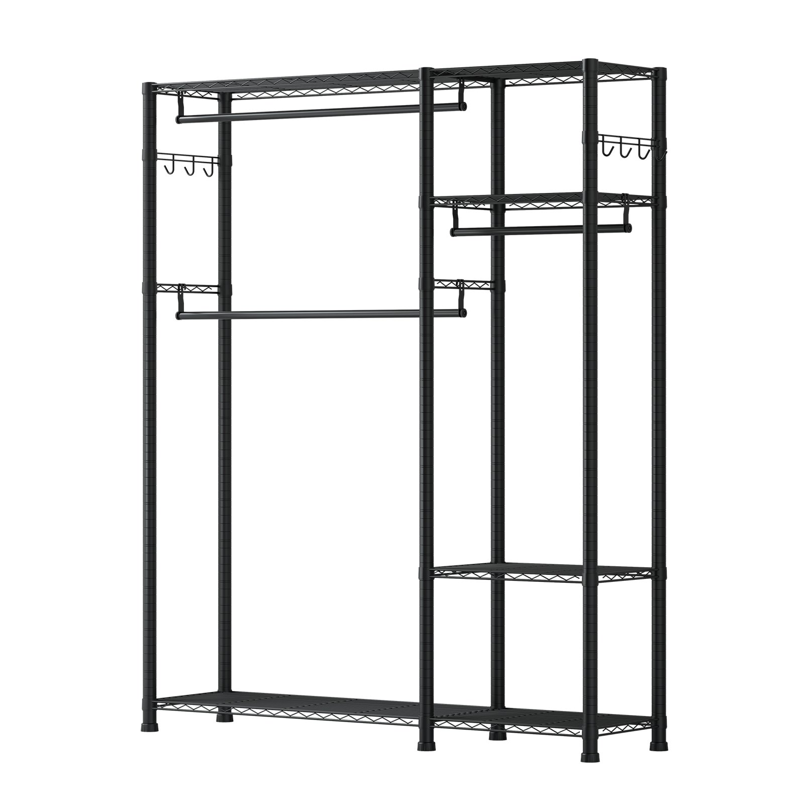 VEVOR Perchero Ajustable, con 3 Barras y Capacidad de Carga de 363 kg, Acero al Carbono, 6 Estantes y 8 Ganchos, para Dormitorio, Tienda de Ropa, Guardarropa y Pasillo, Negro, 114 x 42 x 194 cm