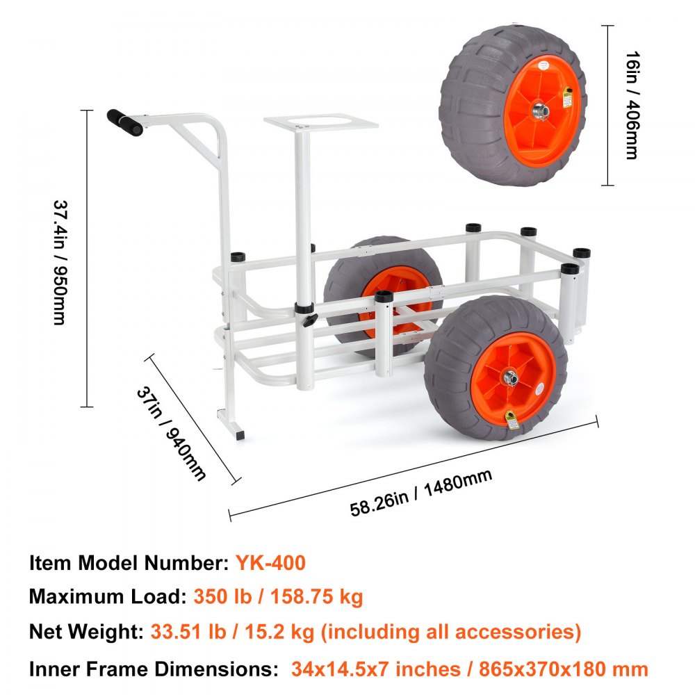 VEVOR Carro de Pesca de Playa Capacidad de Carga de 158,75kg Carro con 8 Soportes para Cañas de Pescar 2 Ruedas de Goma Inflables Carro de Arena de Acero Resistente de 406 mm para Pícnic al Aire Libre