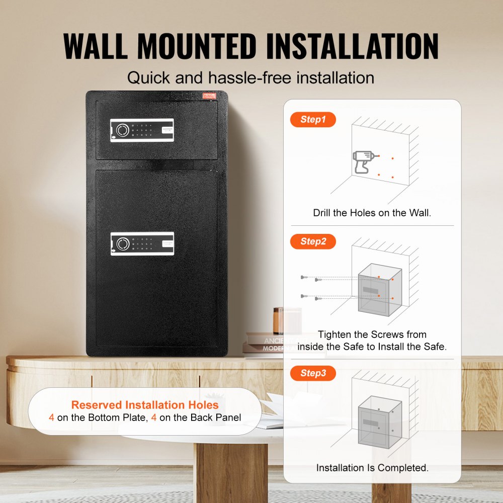 VEVOR Caja de seguridad de 204 L con puertas dobles, cerradura con llave y contraseña, caja de seguridad con bolsa ignífuga, estante para llaves, luz LED y 2 divisores ajustables y extraíbles en altura para dinero, documentos, joyas y objetos de valor, color negro