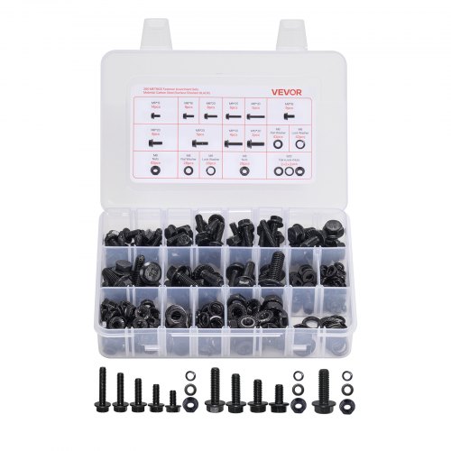 VEVOR Kit Surtido de 280 Tornillos y Tuercas para Máquina y Arandelas Planas, Acero de Aleación M6/M8/M10, Varios Tamaños, para Montaje de Muebles y Equipos, Grado 10,9, Color Negro, con Estuche