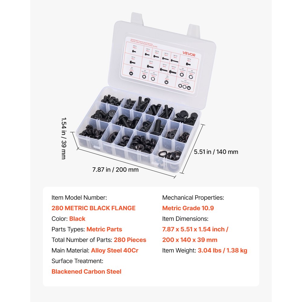 VEVOR 280 Pcs Bolts and Nuts Assortment Kit, Metric Machine Screws and Flat Washers, Alloy Steel M6/M8/M10 Multiple Size, for Furniture / Equipment Assembly, Vehicle Grade 10.9 Black, with Case