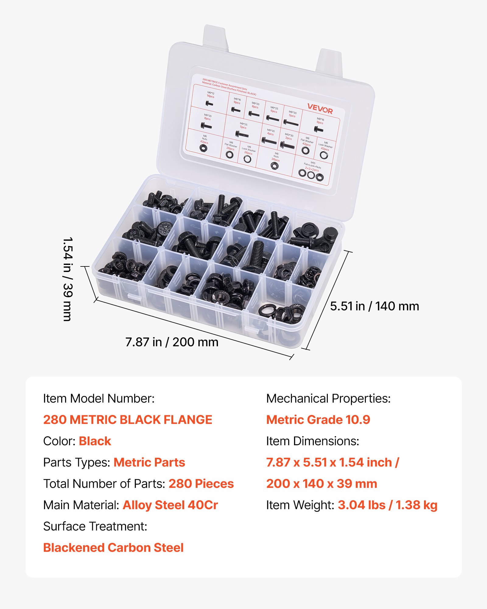 VEVOR 280 Pcs Bolts and Nuts Assortment Kit, Metric Machine Screws and Flat Washers, Alloy Steel M6/M8/M10 Multiple Size, for Furniture / Equipment Assembly, Vehicle Grade 10.9 Black, with Case