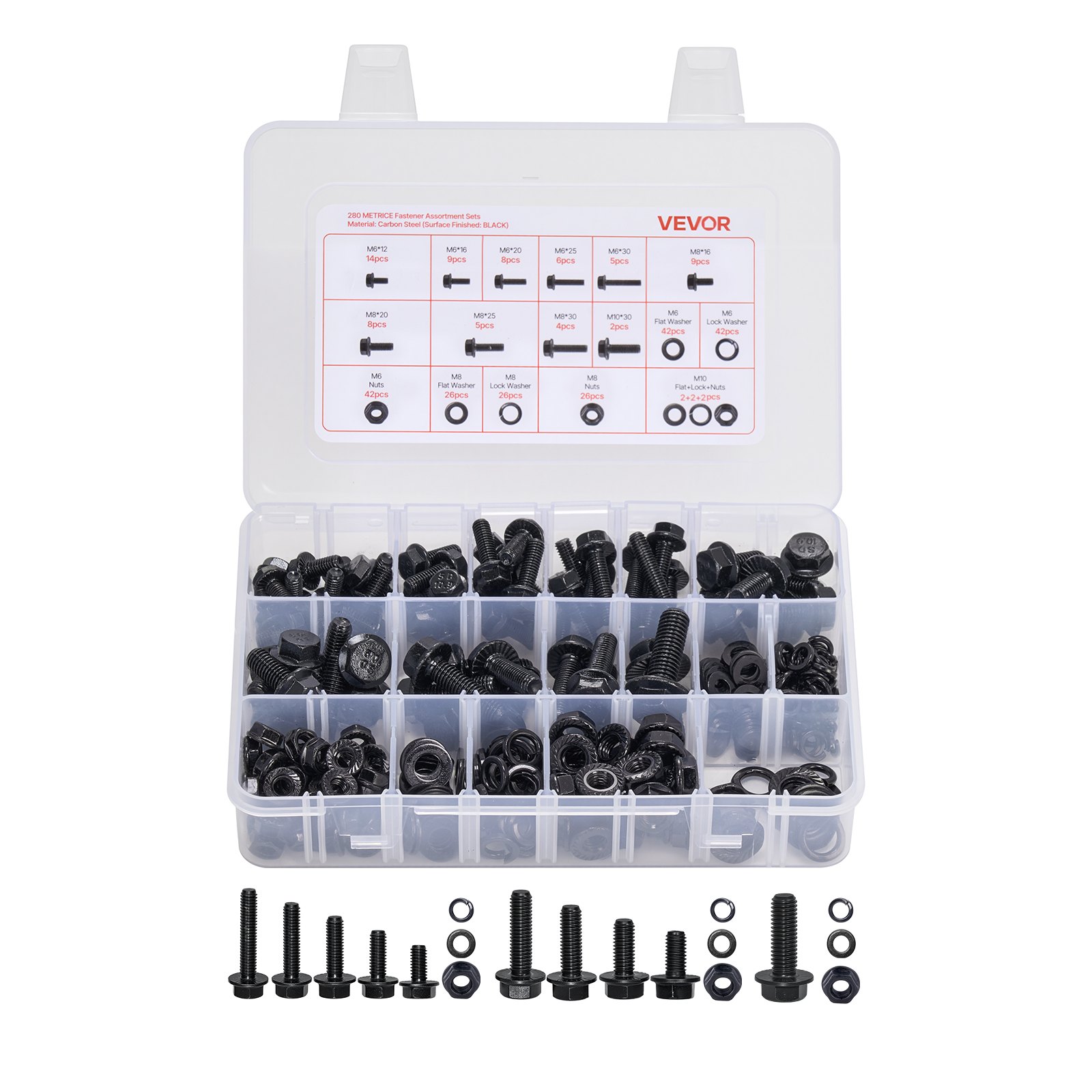 VEVOR 280 Pcs Bolts and Nuts Assortment Kit, Metric Machine Screws and Flat Washers, Alloy Steel M6/M8/M10 Multiple Size, for Furniture / Equipment Assembly, Vehicle Grade 10.9 Black, with Case