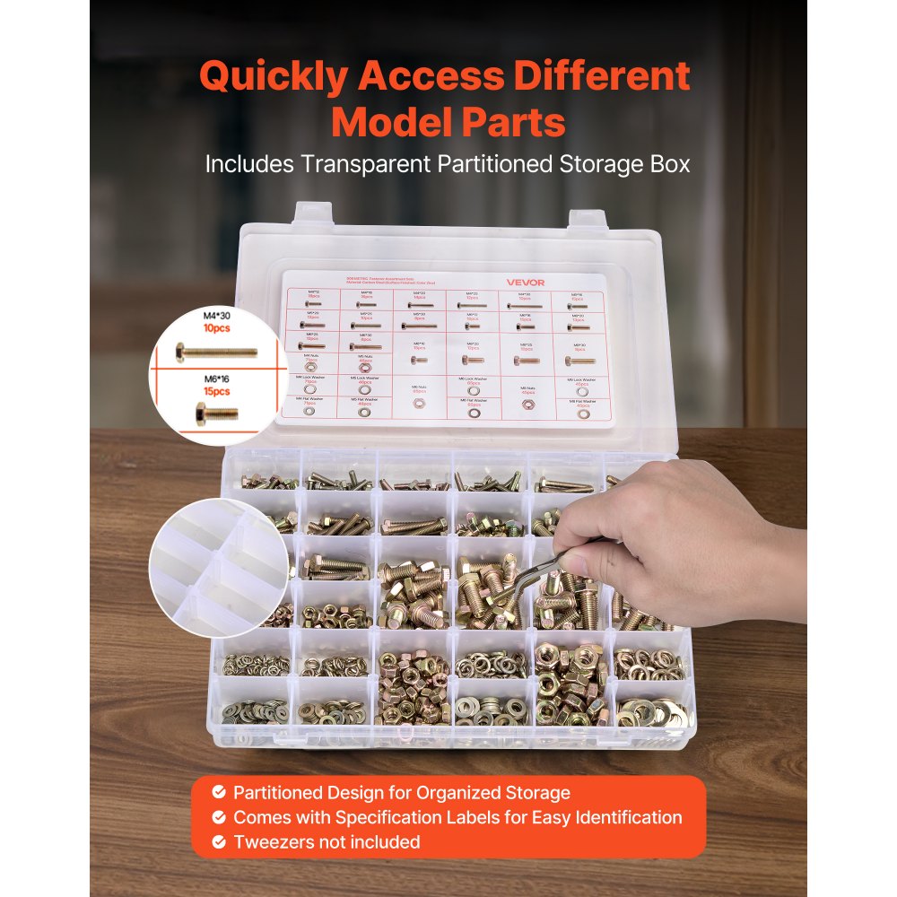 VEVOR Kit Surtido de 906 Tornillos y Tuercas para Máquina y Arandelas Planas, Acero Aleación M4/M5/M6/M8, Varios Tamaños, para Ensamblaje de Equipos, Grado 8,8, Galvanizado Oro, 275 x 185 x 45 mm
