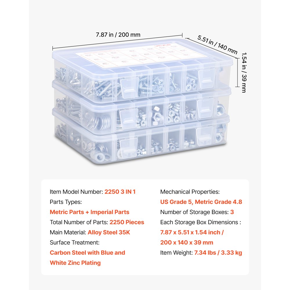 VEVOR Kit Surtido de 2250 Tornillos y Tuercas para Máquina Métricos e Imperiales y Arandelas Planas, Acero Aleación M3/M4/M5/M6/M8, Varios Tamaños, para Ensamblaje de Equipos y Vehículos, Blanco
