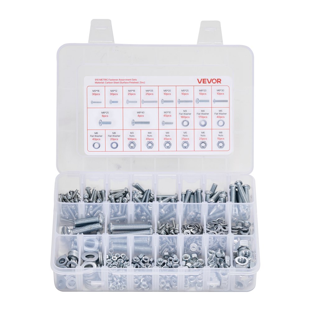 VEVOR Kit Surtido de 2250 Tornillos y Tuercas para Máquina Métricos e Imperiales y Arandelas Planas, Acero Aleación M3/M4/M5/M6/M8, Varios Tamaños, para Ensamblaje de Equipos y Vehículos, Blanco