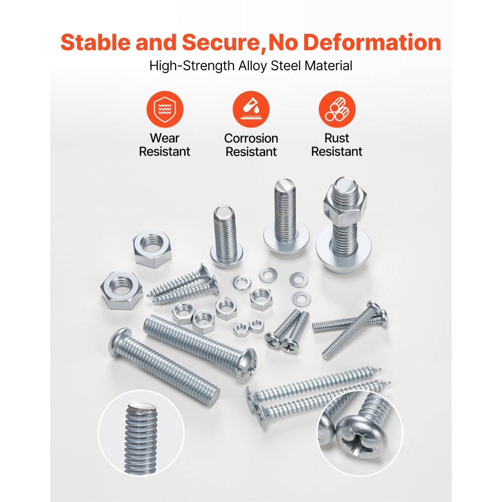 VEVOR Kit Surtido de 2250 Tornillos y Tuercas para Máquina Métricos e Imperiales y Arandelas Planas, Acero Aleación M3/M4/M5/M6/M8, Varios Tamaños, para Ensamblaje de Equipos y Vehículos, Blanco
