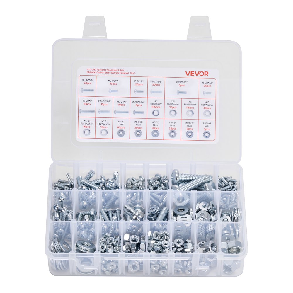 VEVOR Kit Surtido de 2250 Tornillos y Tuercas para Máquina Métricos e Imperiales y Arandelas Planas, Acero Aleación M3/M4/M5/M6/M8, Varios Tamaños, para Ensamblaje de Equipos y Vehículos, Blanco