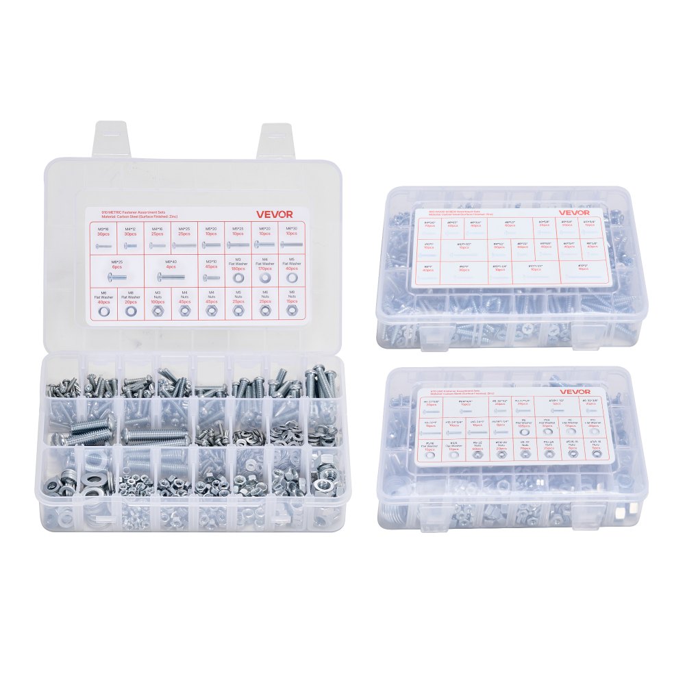 VEVOR Kit Surtido de 2250 Tornillos y Tuercas para Máquina Métricos e Imperiales y Arandelas Planas, Acero Aleación M3/M4/M5/M6/M8, Varios Tamaños, para Ensamblaje de Equipos y Vehículos, Blanco