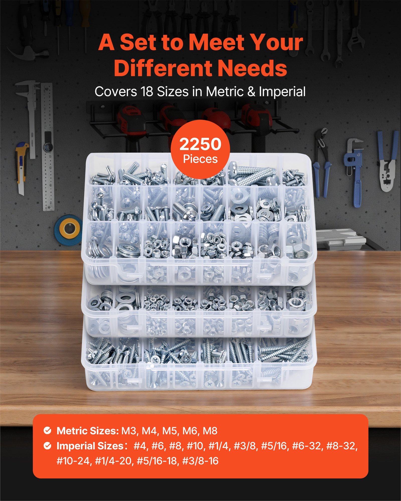 VEVOR Kit Surtido de 2250 Tornillos y Tuercas para Máquina Métricos e Imperiales y Arandelas Planas, Acero Aleación M3/M4/M5/M6/M8, Varios Tamaños, para Ensamblaje de Equipos y Vehículos, Blanco