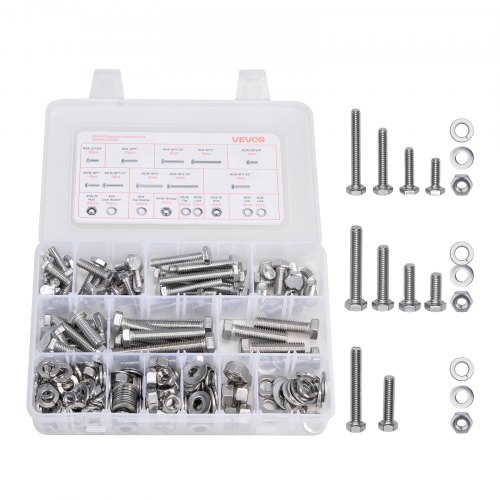 VEVOR Kit Surtido de 246 Tornillos y Tuercas, Tornillos Imperiales y Arandelas Planas, Acero Inoxidable 1/4-20, 5/16-18, 3/8-16, para Muebles, Equipos y Vehículos, con Estuche, 200 x 140 x 39 mm