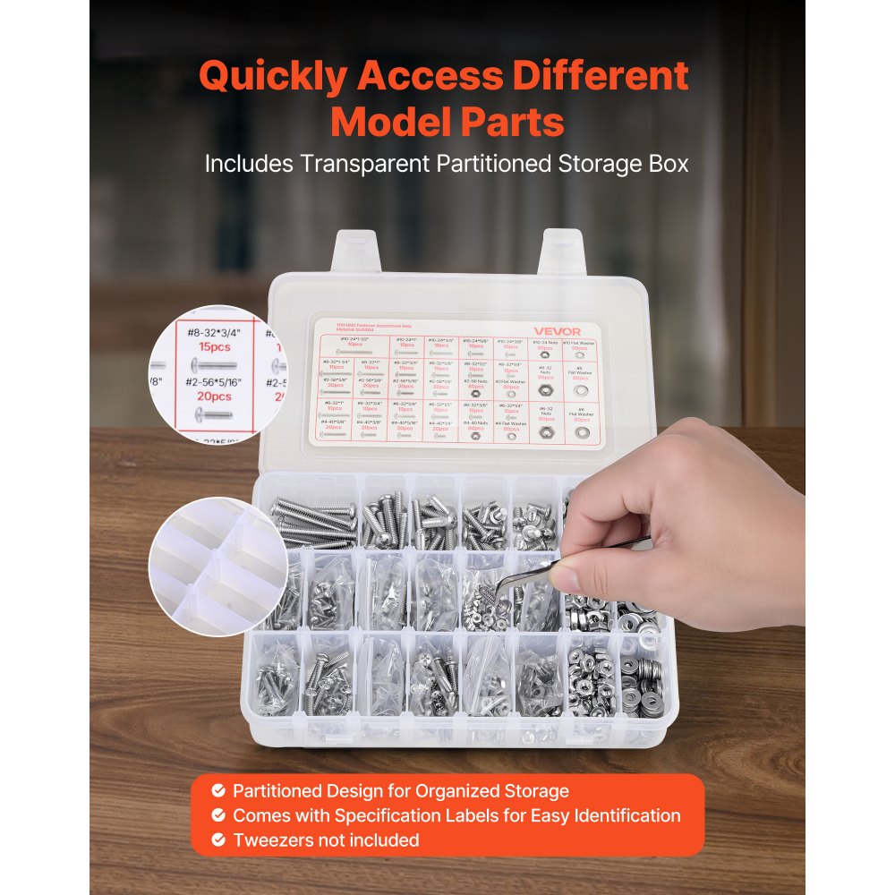 VEVOR Kit Surtido de 1110 Tornillos y Tuercas, Tornillos de Máquina Imperiales y Arandelas Planas, Acero Inoxidable 10-24, 8-32, 2-56, 6-32, 4-40, para Ensamblaje de Muebles y Vehículos, Plata