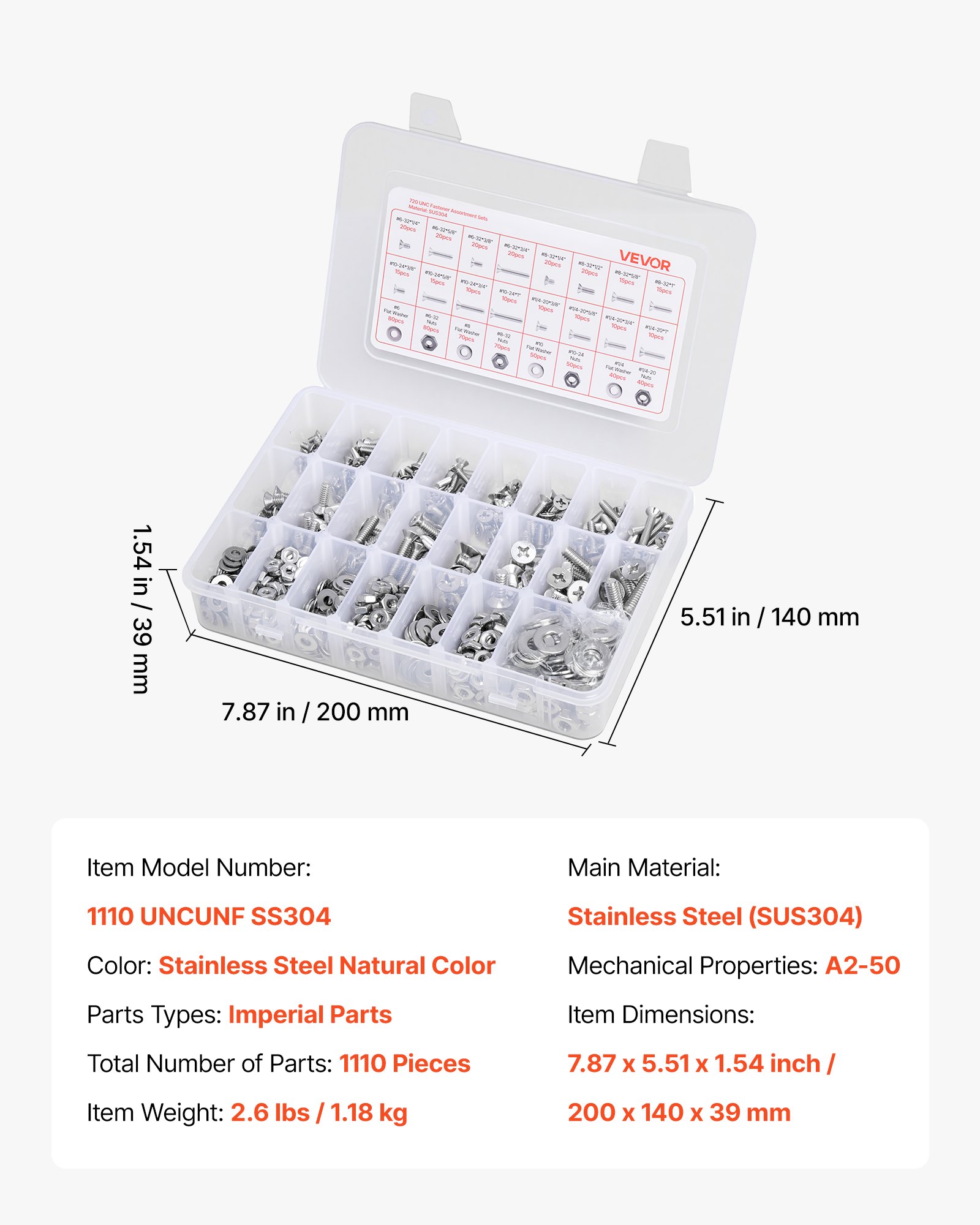 VEVOR 720 Pcs Bolts and Nuts Assortment Kit, Imperial Machine Screws and Flat Washers, Stainless Steel 6-32,8-32,10-24,1/4-20, for Furniture /Equipment/Vehicle Assembly, Silver