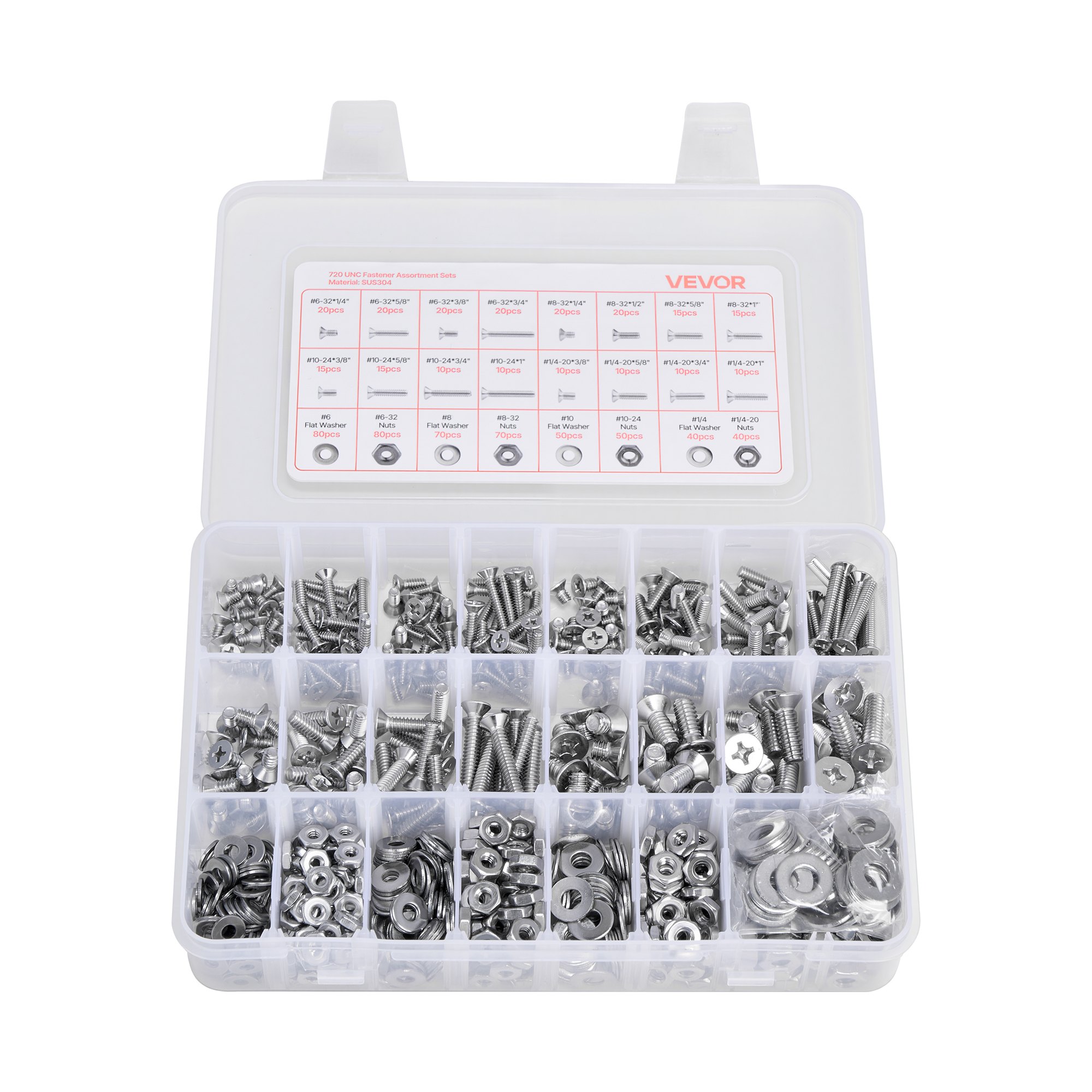 VEVOR 720 Pcs Bolts and Nuts Assortment Kit, Imperial Machine Screws and Flat Washers, Stainless Steel 6-32,8-32,10-24,1/4-20, for Furniture /Equipment/Vehicle Assembly, Silver