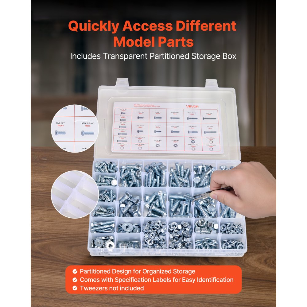 VEVOR Kit Surtido de 566 Tornillos y Tuercas, Tornillos de Máquina Imperiales y Arandelas Planas, Acero Aleación 1/4-20, 5/16-18, 3/8-16, para Ensamblaje de Equipos y Vehículos, 275 x 185 x 45 mm