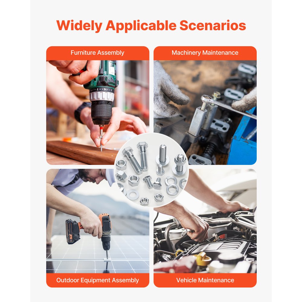 VEVOR Kit Surtido de 566 Tornillos y Tuercas, Tornillos de Máquina Imperiales y Arandelas Planas, Acero Aleación 1/4-20, 5/16-18, 3/8-16, para Ensamblaje de Equipos y Vehículos, 275 x 185 x 45 mm