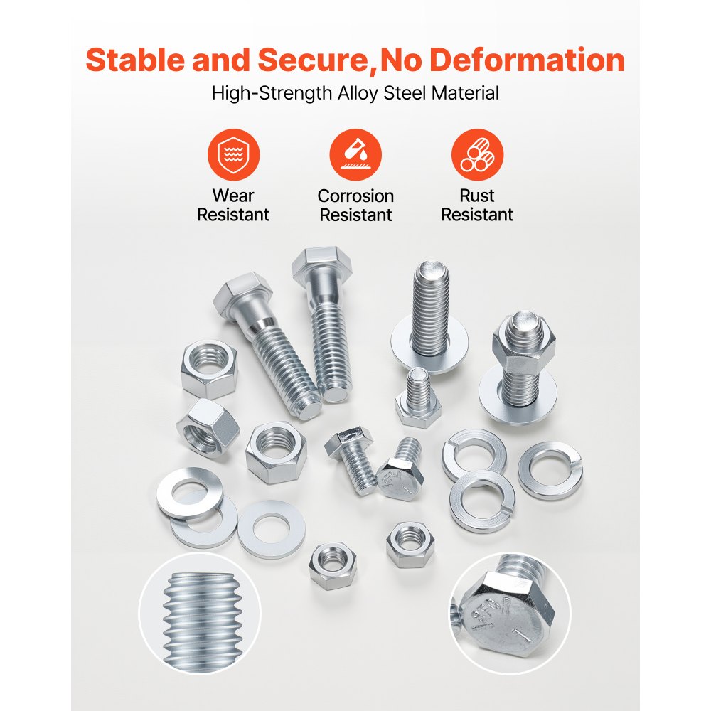 VEVOR Kit Surtido de 566 Tornillos y Tuercas, Tornillos de Máquina Imperiales y Arandelas Planas, Acero Aleación 1/4-20, 5/16-18, 3/8-16, para Ensamblaje de Equipos y Vehículos, 275 x 185 x 45 mm