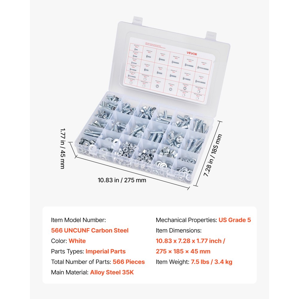 VEVOR Kit Surtido de 566 Tornillos y Tuercas, Tornillos de Máquina Imperiales y Arandelas Planas, Acero Aleación 1/4-20, 5/16-18, 3/8-16, para Ensamblaje de Equipos y Vehículos, 275 x 185 x 45 mm
