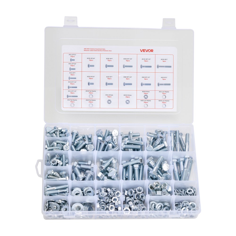 VEVOR Kit Surtido de 566 Tornillos y Tuercas, Tornillos de Máquina Imperiales y Arandelas Planas, Acero Aleación 1/4-20, 5/16-18, 3/8-16, para Ensamblaje de Equipos y Vehículos, 275 x 185 x 45 mm