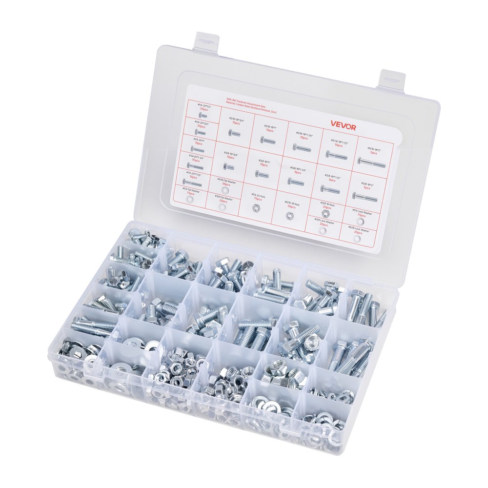 VEVOR Kit Surtido de 566 Tornillos y Tuercas, Tornillos de Máquina Imperiales y Arandelas Planas, Acero Aleación 1/4-20, 5/16-18, 3/8-16, para Ensamblaje de Equipos y Vehículos, 275 x 185 x 45 mm