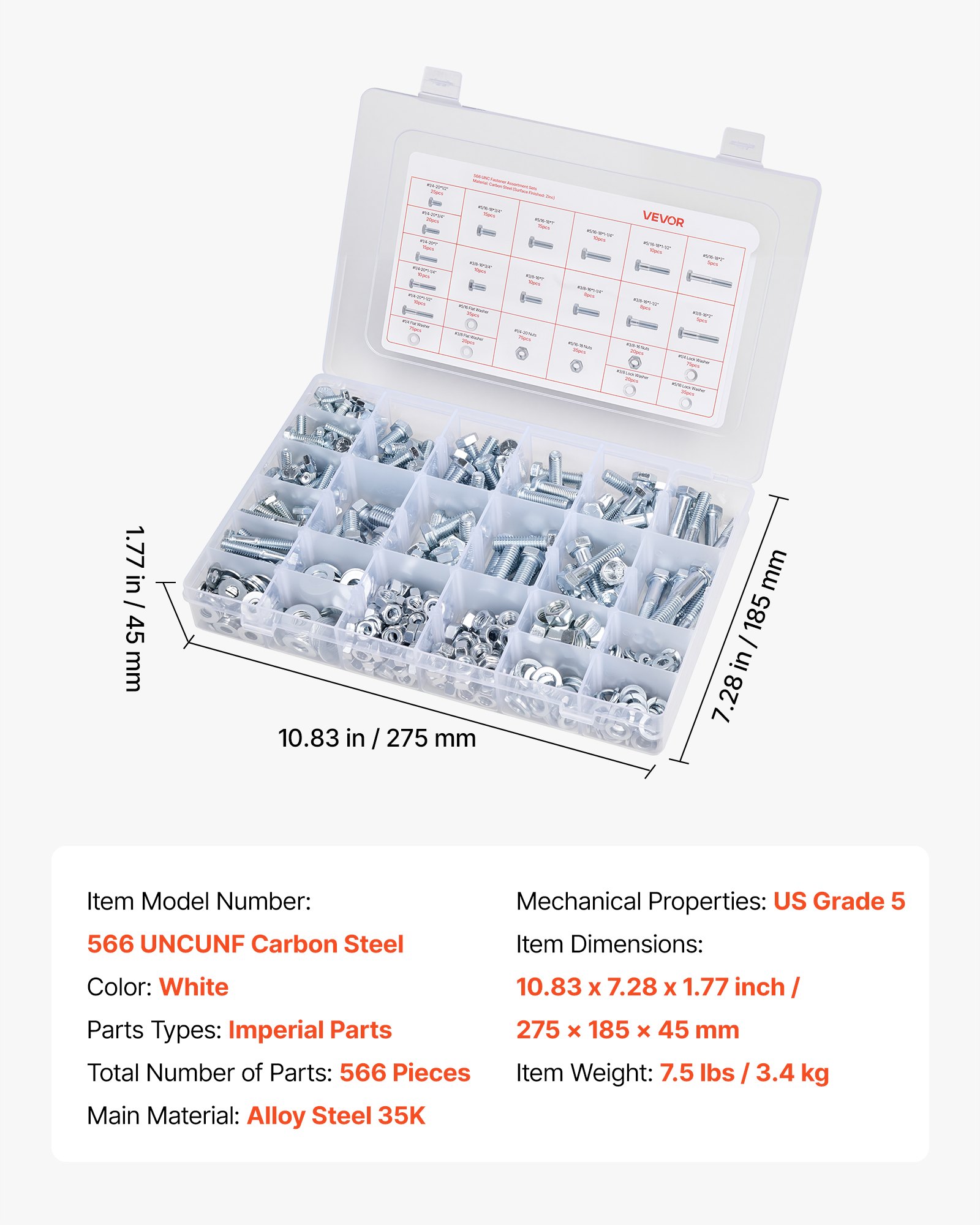 VEVOR Kit Surtido de 566 Tornillos y Tuercas, Tornillos de Máquina Imperiales y Arandelas Planas, Acero Aleación 1/4-20, 5/16-18, 3/8-16, para Ensamblaje de Equipos y Vehículos, 275 x 185 x 45 mm