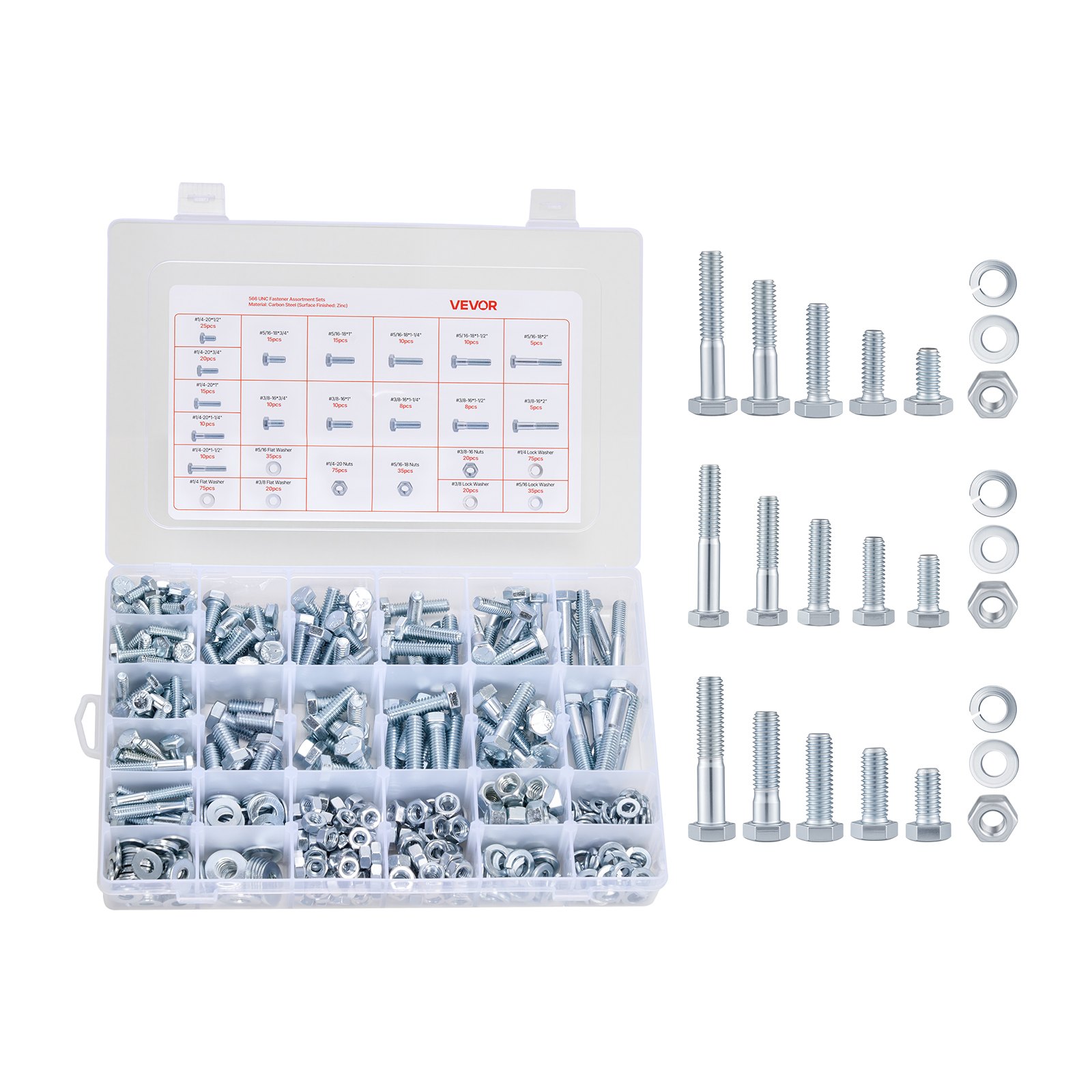 VEVOR Kit Surtido de 566 Tornillos y Tuercas, Tornillos de Máquina Imperiales y Arandelas Planas, Acero Aleación 1/4-20, 5/16-18, 3/8-16, para Ensamblaje de Equipos y Vehículos, 275 x 185 x 45 mm