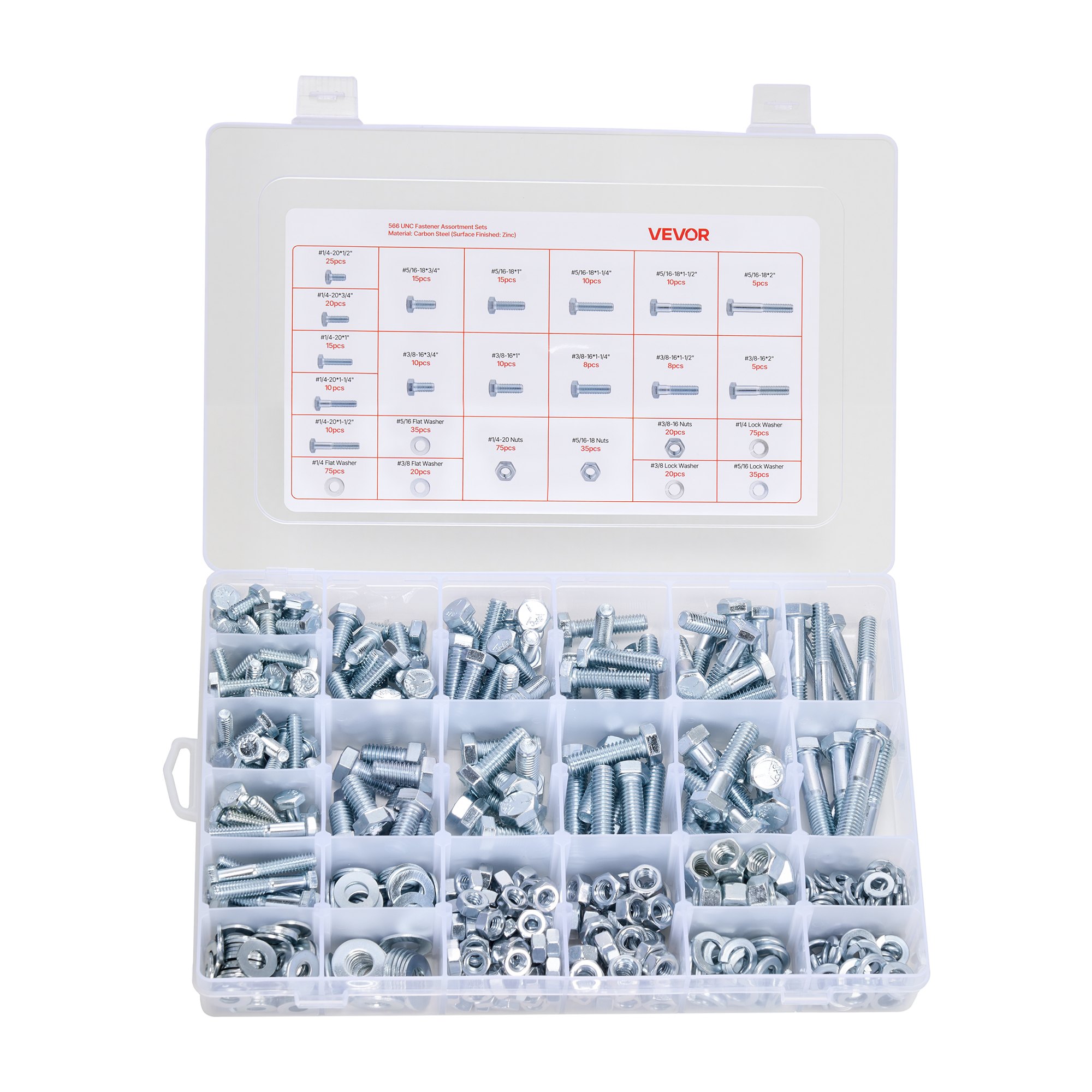 VEVOR Kit Surtido de 566 Tornillos y Tuercas, Tornillos de Máquina Imperiales y Arandelas Planas, Acero Aleación 1/4-20, 5/16-18, 3/8-16, para Ensamblaje de Equipos y Vehículos, 275 x 185 x 45 mm