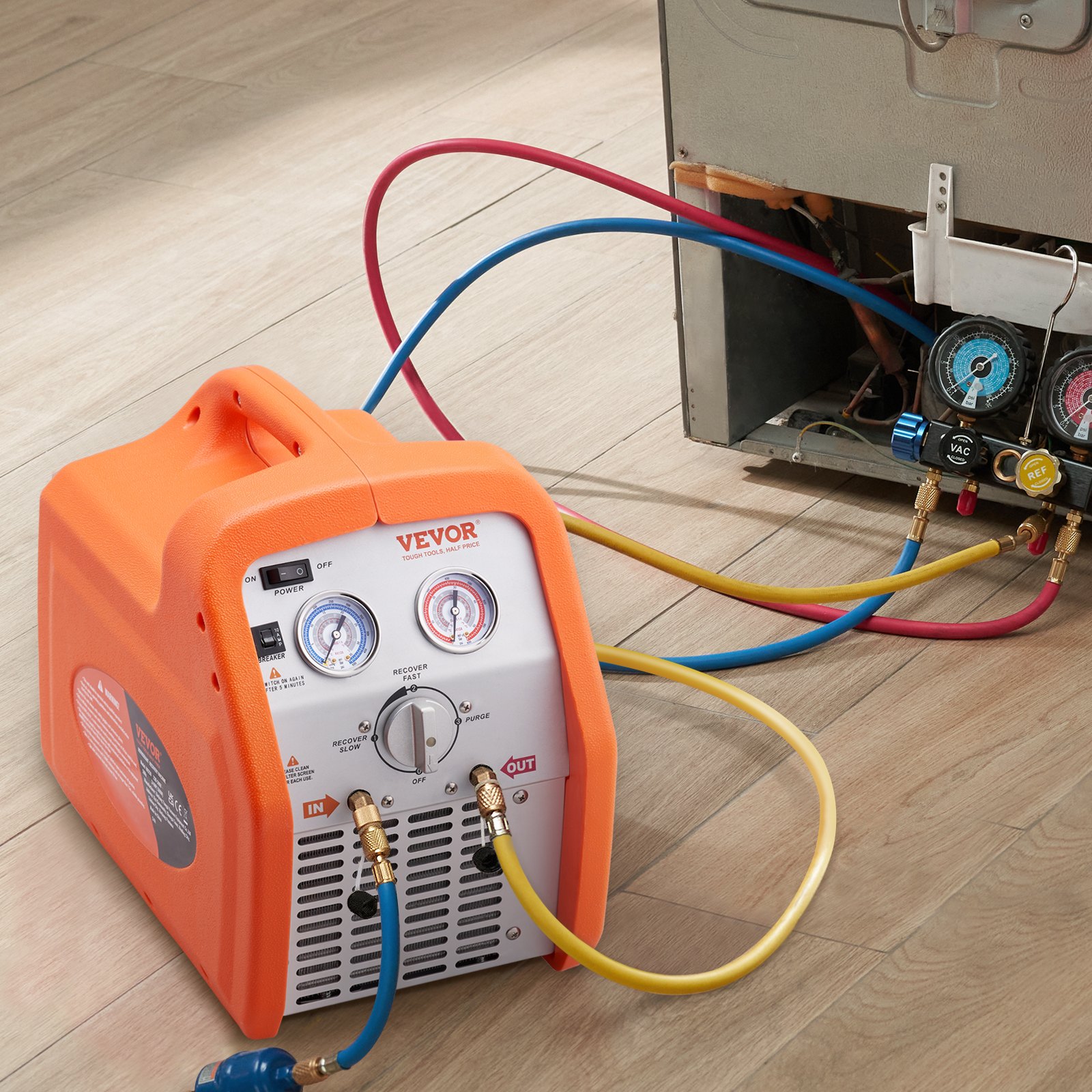 VEVOR Máquina de Recuperación de Refrigerante Portátil 3/4 HP Máquina de Recuperación con Protección de Alta Presión 2,2 kg/min Velocidad de 1450 rpm Autolimpieza para Vapor Líquido Refrigerante