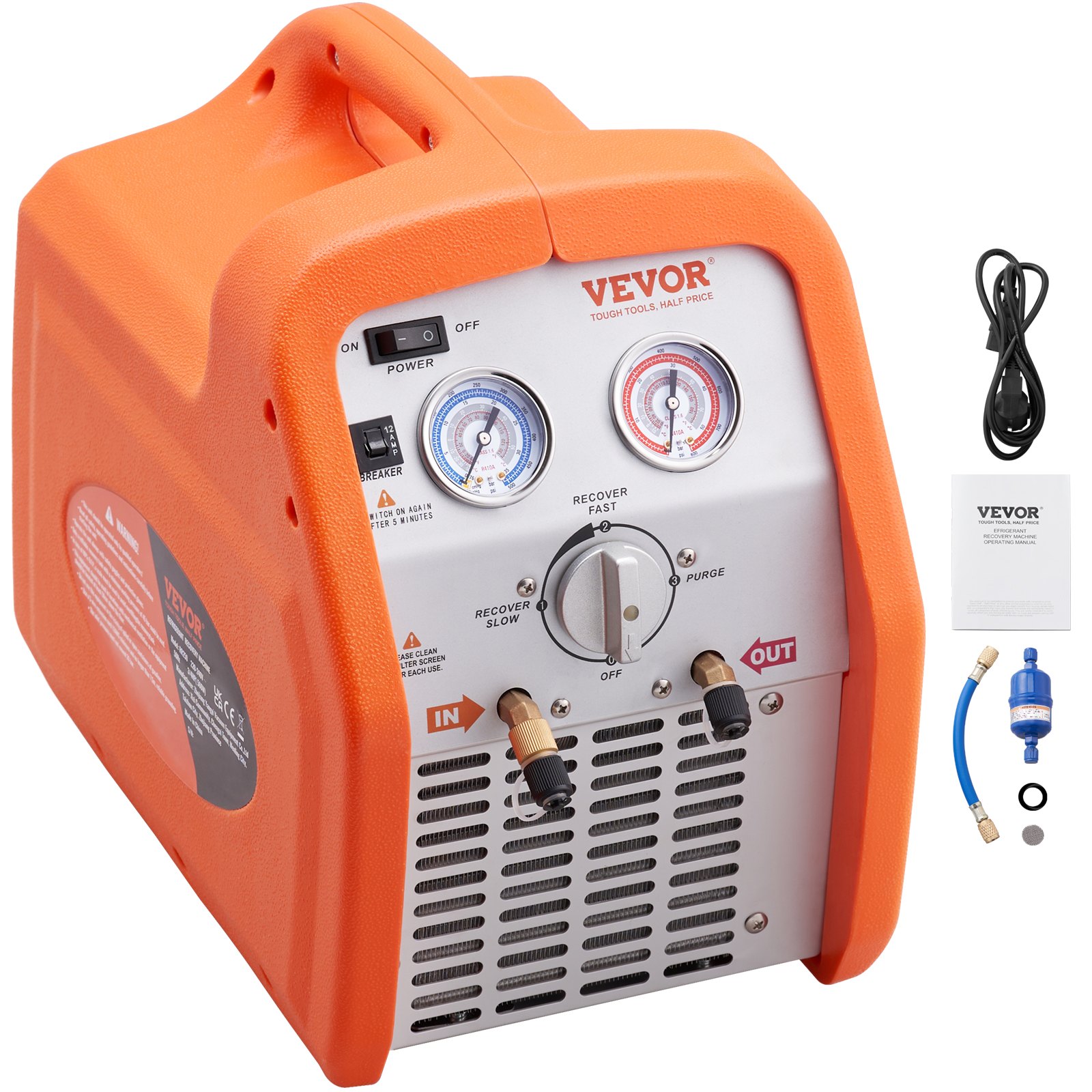VEVOR Máquina de Recuperación de Refrigerante Portátil 3/4 HP Máquina de Recuperación con Protección de Alta Presión 2,2 kg/min Velocidad de 1450 rpm Autolimpieza para Vapor Líquido Refrigerante