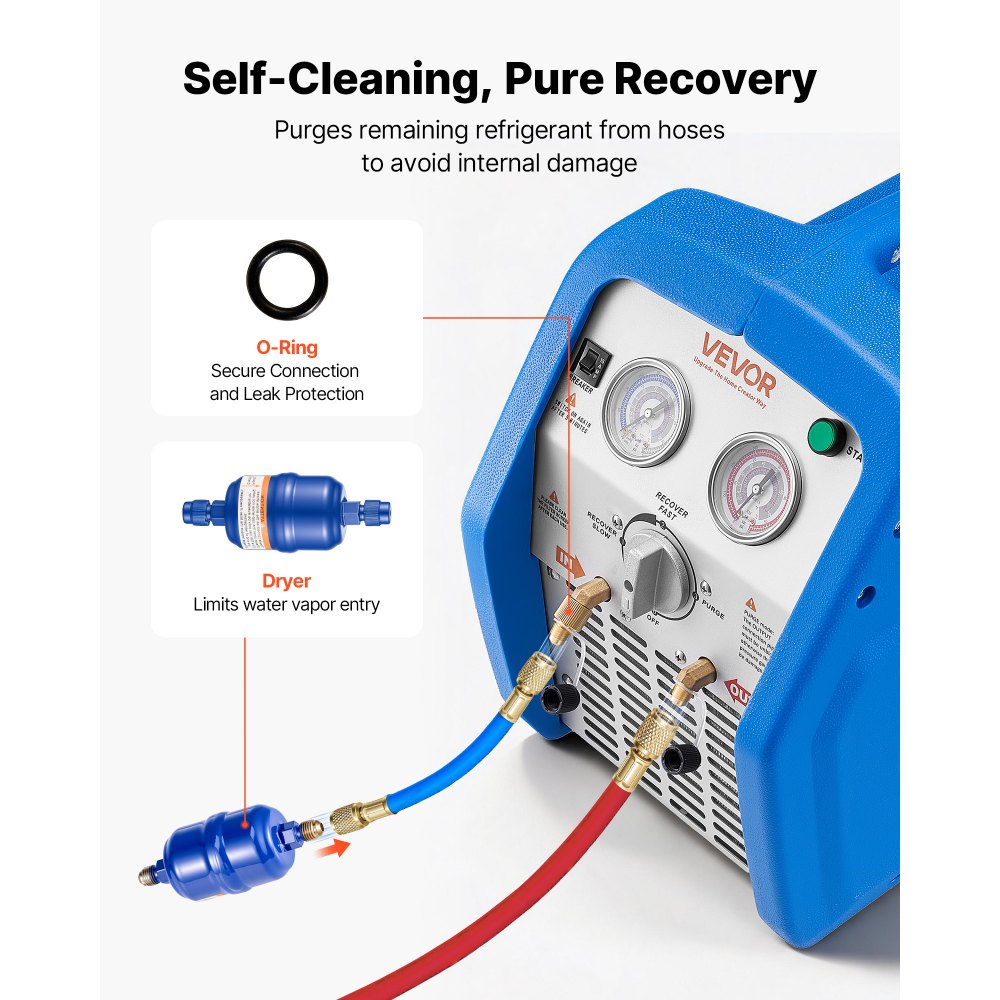 VEVOR Máquina Portátil de Recuperación de Refrigerante 1 HP, Máquina de Recuperación con Protección de Alta Presión 3,5 kg/min Velocidad de 1450 rpm, Cilindro Doble, para Sistemas de Climatización
