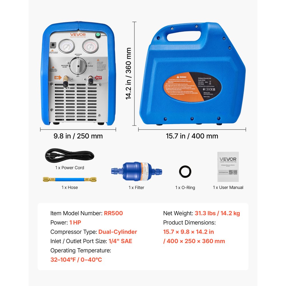 VEVOR Máquina Portátil de Recuperación de Refrigerante 1 HP, Máquina de Recuperación con Protección de Alta Presión 3,5 kg/min Velocidad de 1450 rpm, Cilindro Doble, para Sistemas de Climatización
