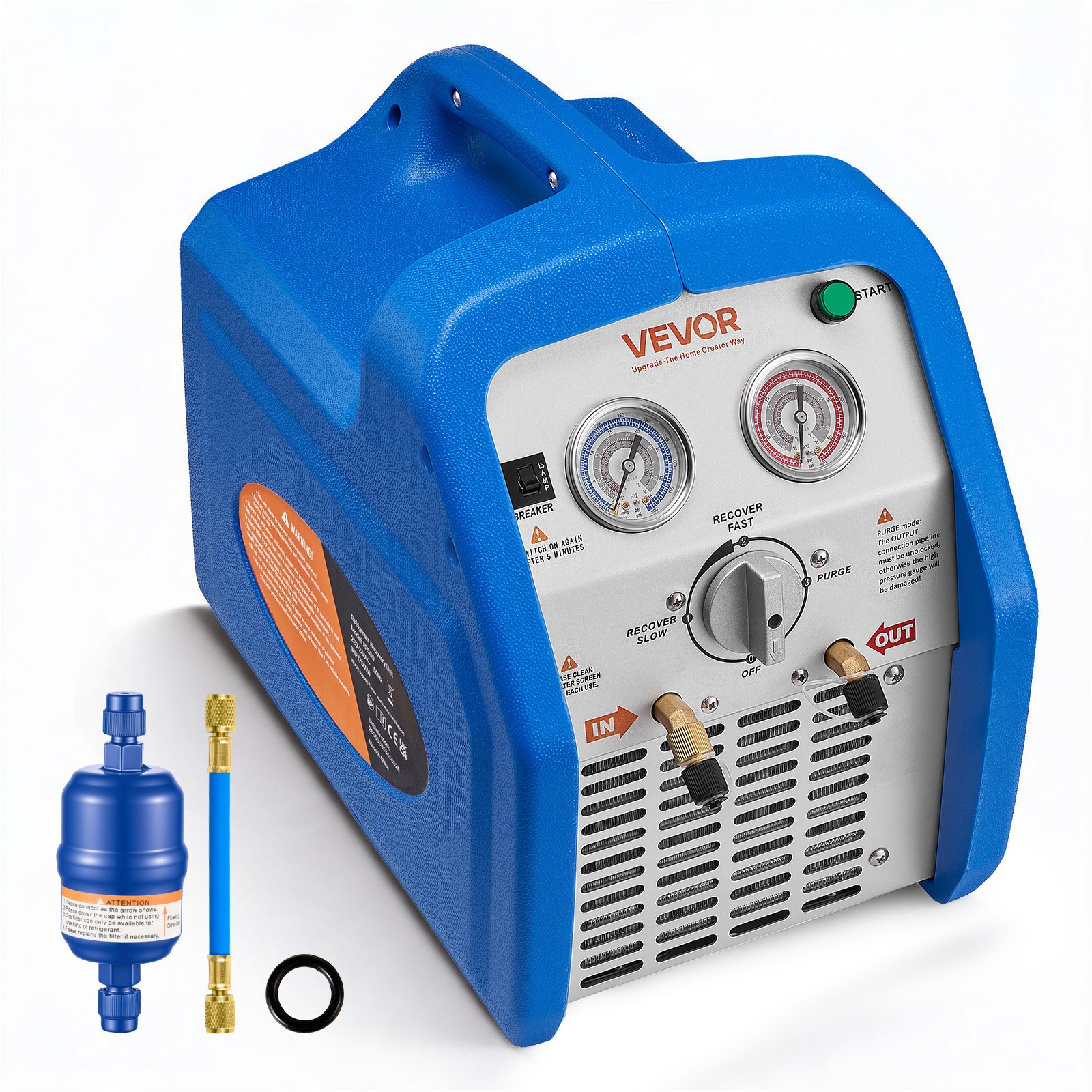 VEVOR Máquina Portátil de Recuperación de Refrigerante 1 HP, Máquina de Recuperación con Protección de Alta Presión 3,5 kg/min Velocidad de 1450 rpm, Cilindro Doble, para Sistemas de Climatización