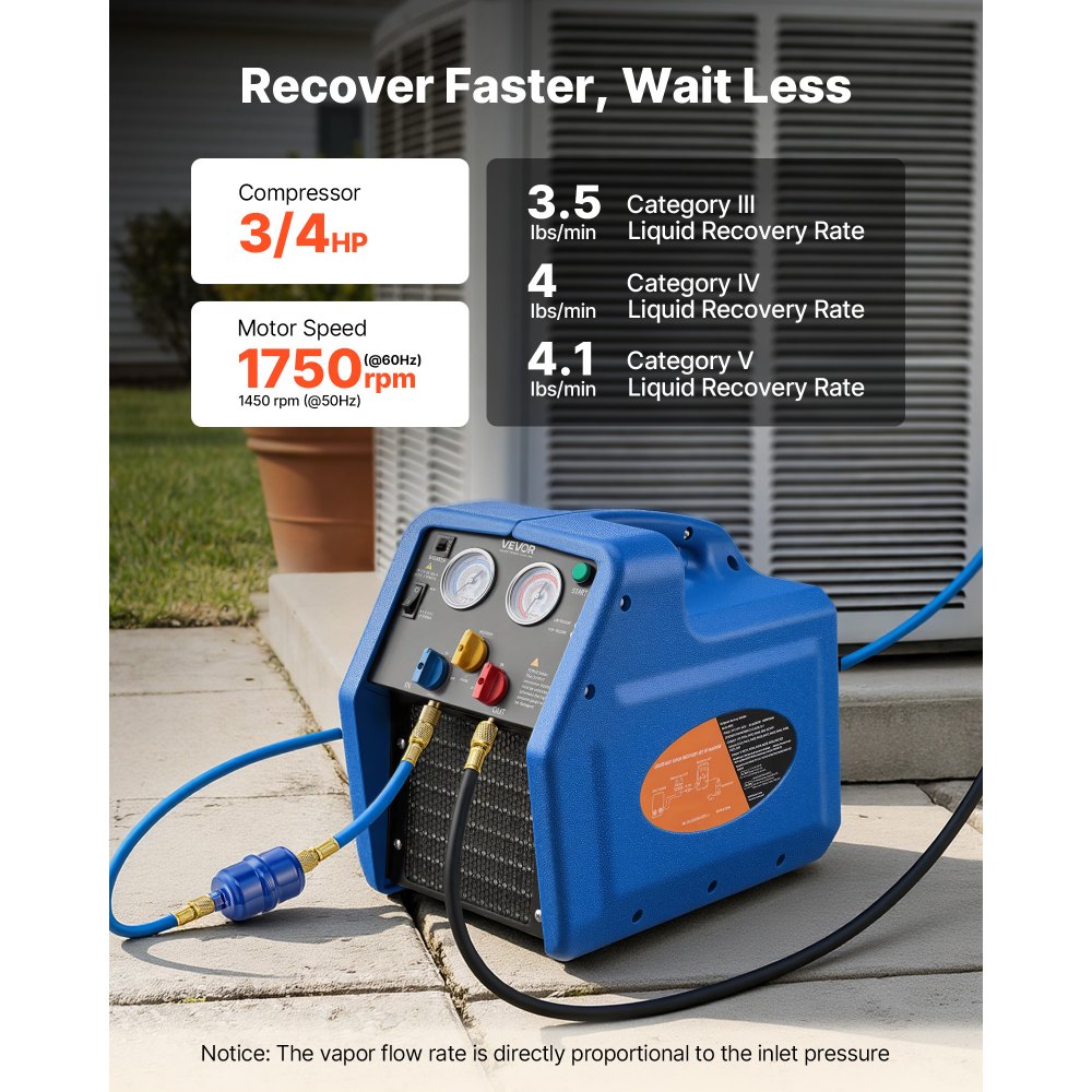 VEVOR Máquina de Recuperación de Refrigerante Portátil, 3/4 HP 220V 50Hz, Recuperadora de Refrigerante de un Cilindro, Motor de 1450 RPM, con Protección Automática, para Vapor Líquido de HVAC Autos