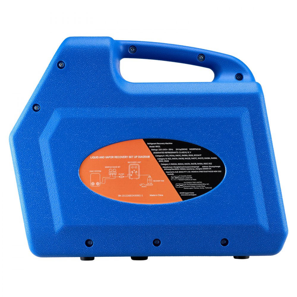 VEVOR Máquina de Recuperación de Refrigerante Portátil, 3/4 HP 220V 50Hz, Recuperadora de Refrigerante de un Cilindro, Motor de 1450 RPM, con Protección Automática, para Vapor Líquido de HVAC Autos